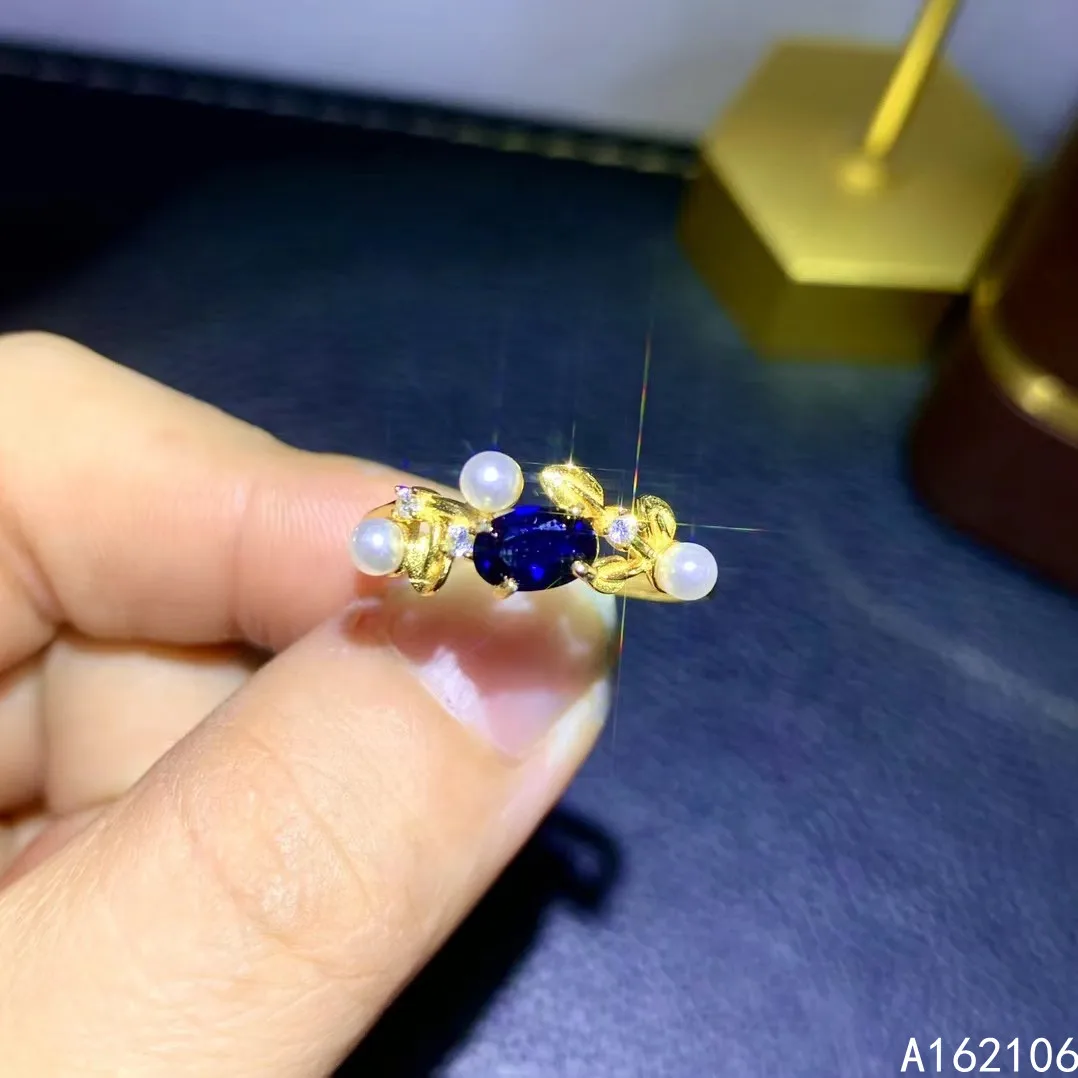 925 Pure Silver Chinese Style Natural Sapphire Women's Classic Trendy Pearl Plant Adjustable Gem Ring Fine Jewelry Support Detec