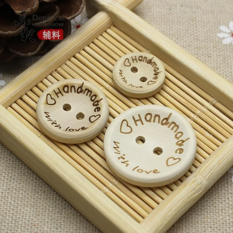 

50pcs Handmade With Love Natural Wood Round 2 Holes Buttons Sewing Accessories Button Embellishments Scrapbooking