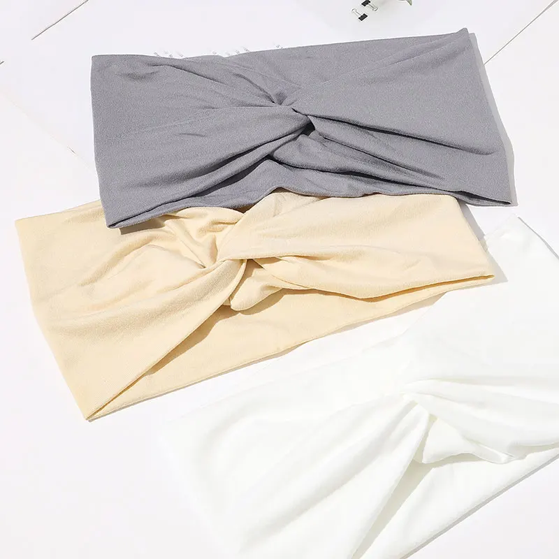 

Women Headband Solid Color Wide Turban Twist Knitted Cotton Hairband Spiral Double Girls Makeup Elastic Hair Bands Accessories