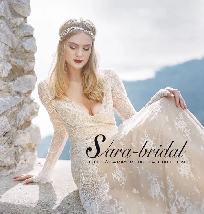 

Sexy backless Deep V-Neck lace Wedding Dress with long sleeve Gowns 2016 New Arrival vestido de noiva casamento bride dresses