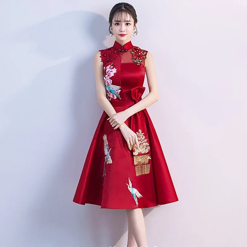 

Vintage Robe Femme 2020 Dresses Appliqued Embroidery Mandarin Collar Vestidos Elegant Dress Women For Wedding Party FF2863
