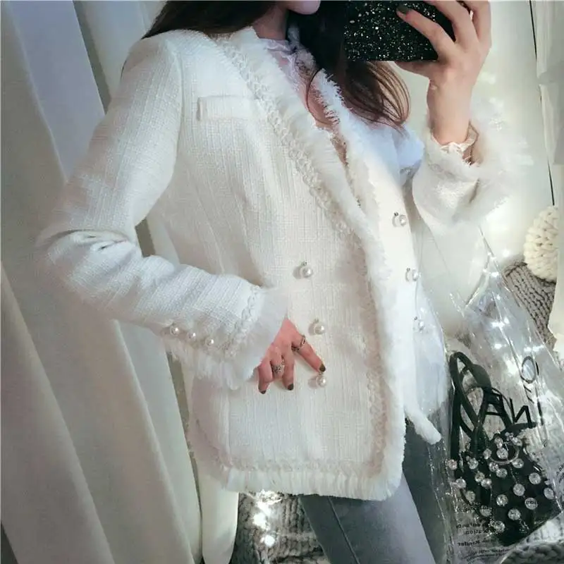 Женский шерстяной пиджак YAMDI в стиле бохо элегантный белый твидовый с высокой