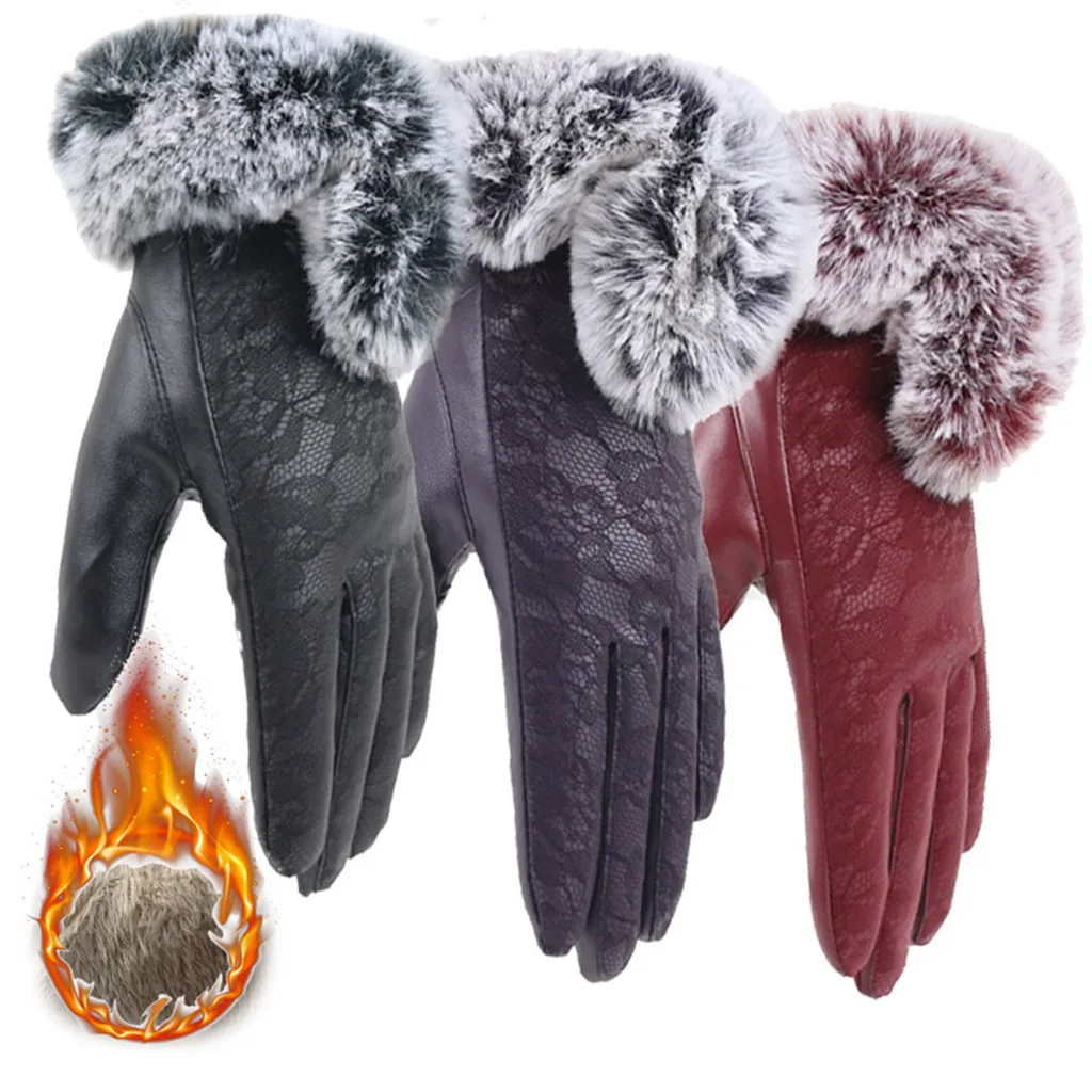 

Women Winter Gloves Lace Ladies Girls Outdoor Heat Full Finger Lined Driving Glove Fur Mittens Guantes Mujer перчатки женские