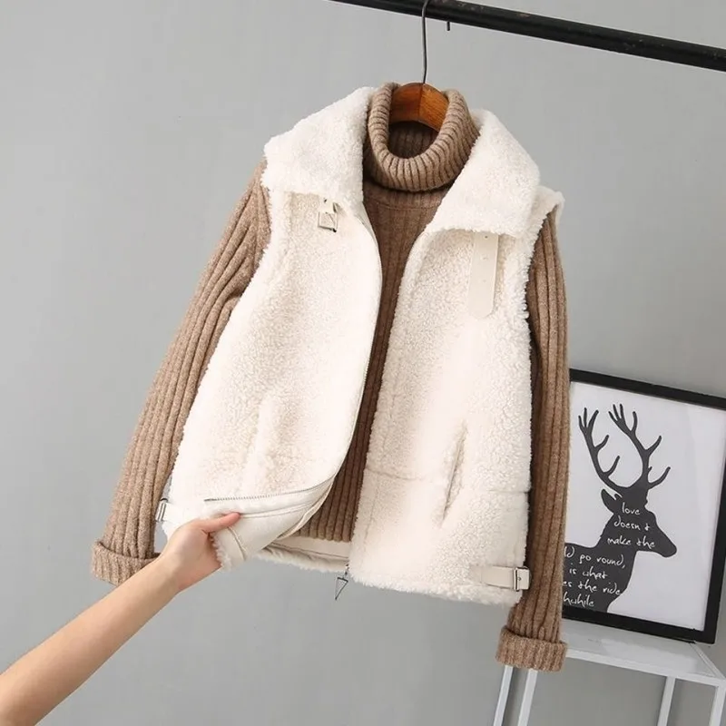 

Women Vests Solid Zipper Autumn Winter Faux Lamb Wool Fashion Gilet Femme 2020 Warm 2020 Vintage