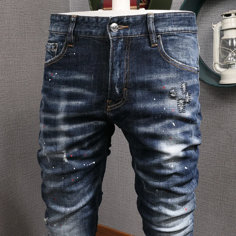 European Vintage Fashion Men Jeans High Quality Retro Blue Slim Ripped Jeans Men Streetwear Painted Designer Casual Denim Pants
