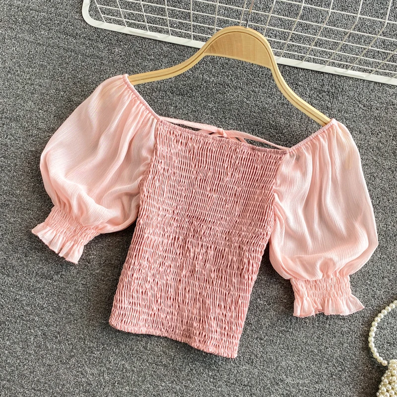 

French Women's 2021 Summer New Short Sleeve Square Collar Blouse High Waist Cold Navel Puff Sleeve Shirt Short Top
