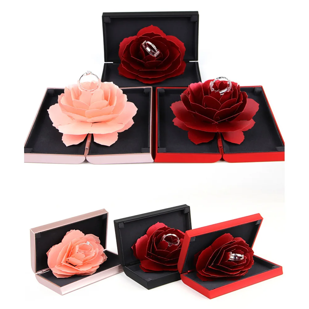 

Embossing Paper Proposal Wedding Ring Box Holder Lightweight Flick Open Case Bump Engagement Rose Gift Jewelry Storage Portable