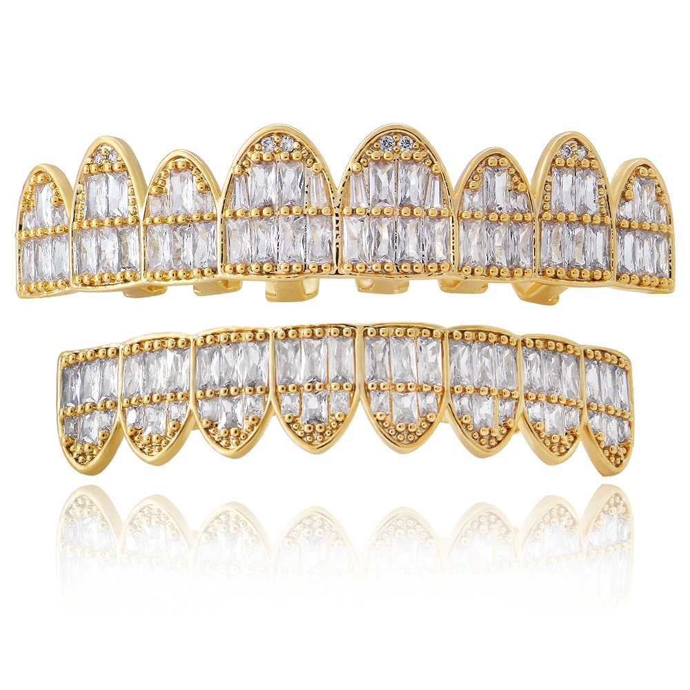 

LuReen Men Square CZ Gold Silver Color Teeth Grillz Top Bottom Grills Punk Vampire Fake Tooth Cap Fashion Halloween Jewelry