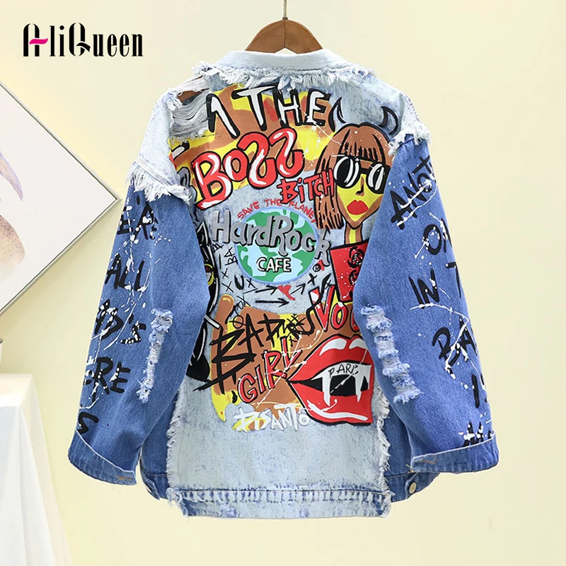 

Spring Autumn Women Jeans Jacket Graffiti Alphabet Printing Frayed Holes Denim Jacket Student Basic Oversized Coat Streetwear