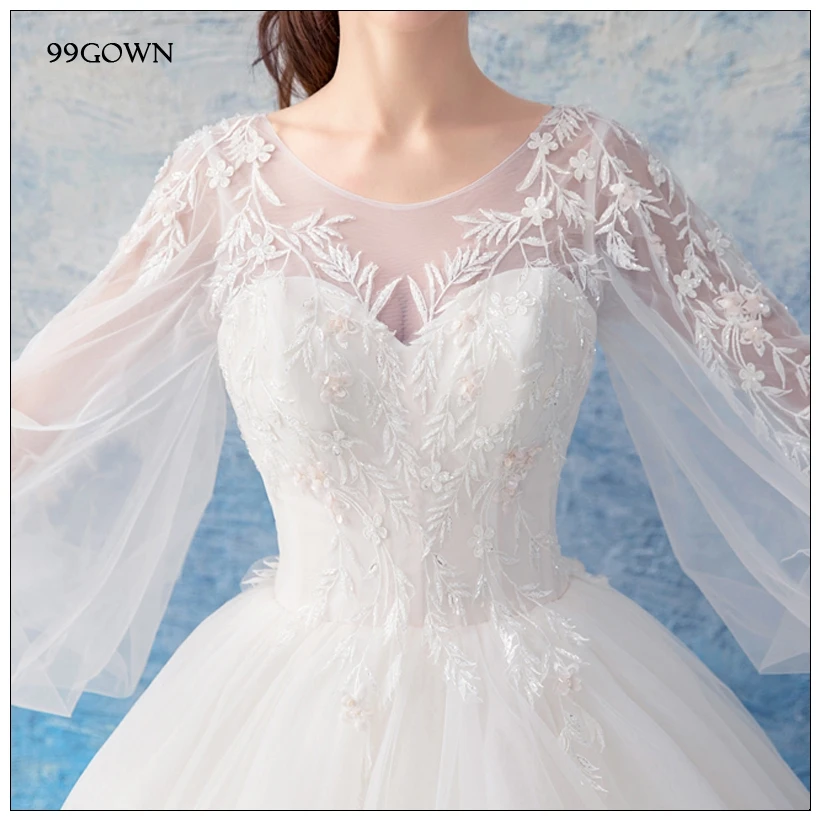 99GOWN, простые свадебные платья для свадебной церемонии, длинный рукав-фонарик, ТРАПЕЦИЕВИДНОЕ свадебное платье из тюля, с кружевами, с открытой спиной, бальное платье