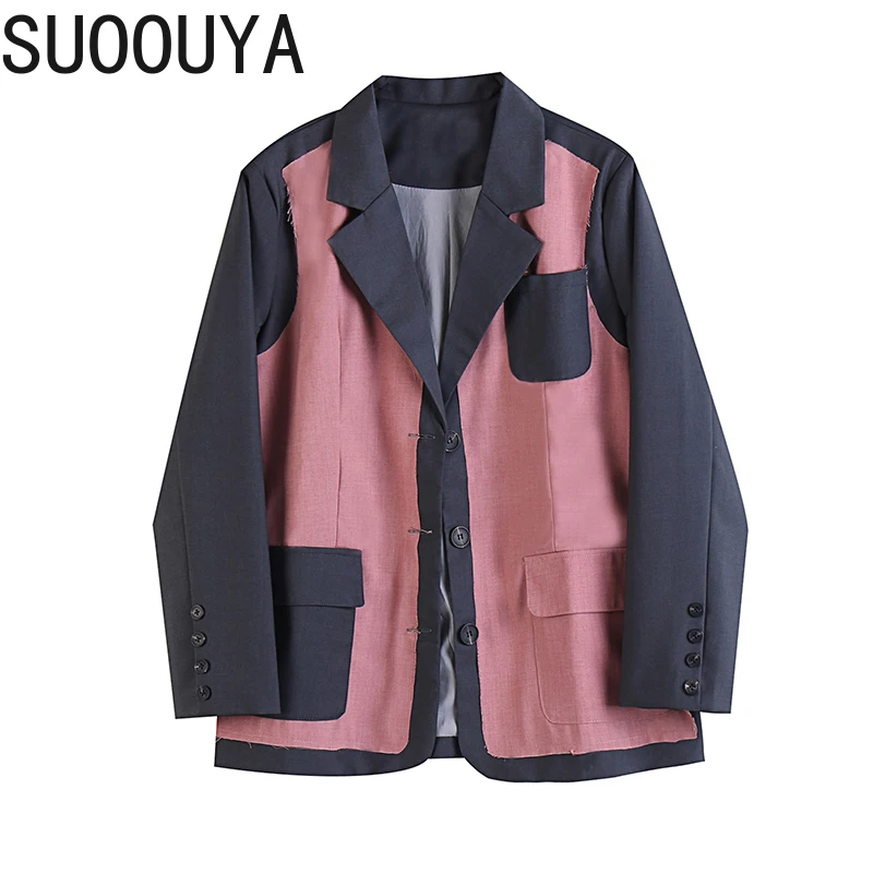 

[SUOOUYA] Women Long Sleeve Loose Green Contrast Color Big Size Blazer New Notched Collar Jacket Fashion Spring Clothes 2021