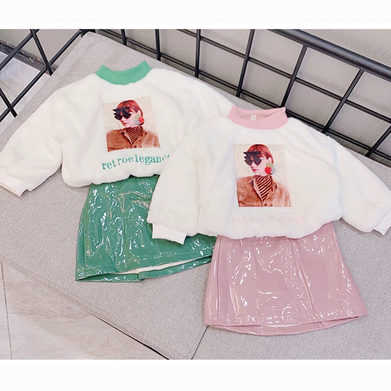 Spring Autumn warm girls 2 pcs set baby sweatshirt + PU skirt kids suit children fashion clothes soft fur patch Gloss to 7 yrs |