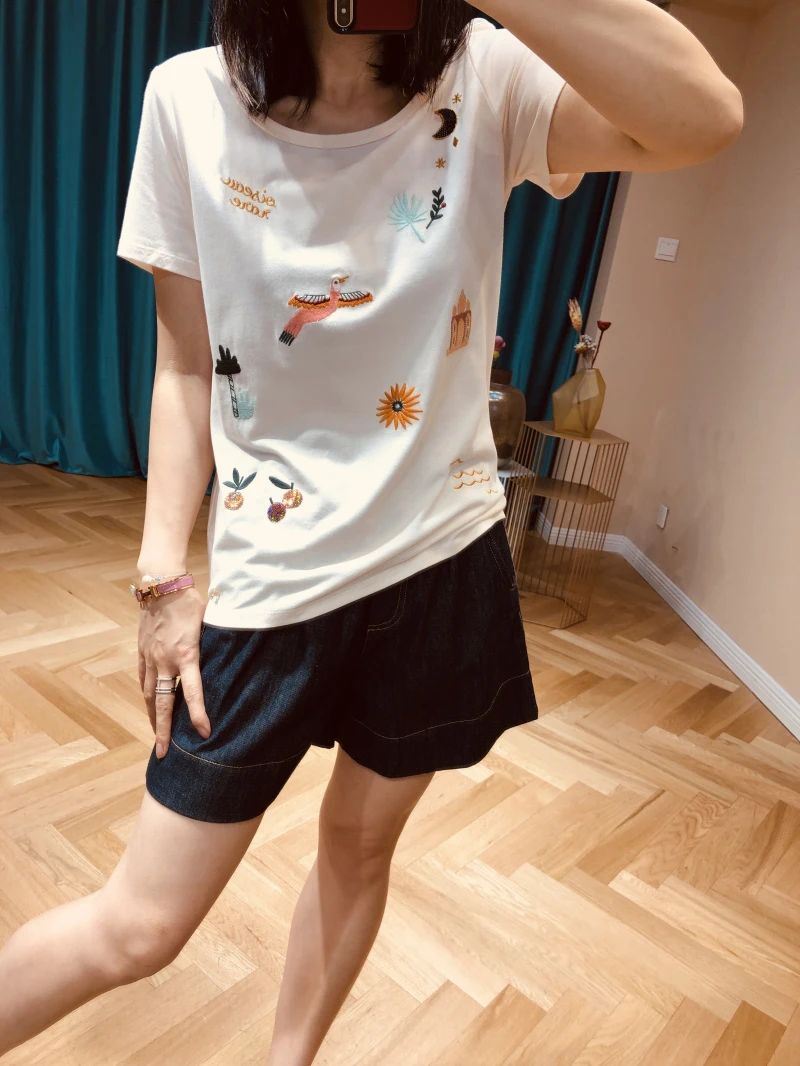 Женская футболка с коротким рукавом и вышивкой в виде розовых цветов птиц лето 2019