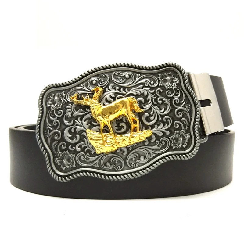 Black PU Leather Mens Belts with Golden Buck Deer Antique Silver Metal Buckles Western Cowboy Accessories Fashion Male Gifts