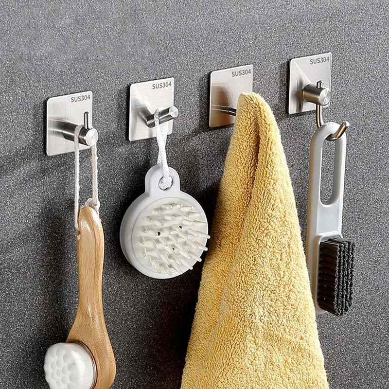 

304 Bathroom Robe Coat Hook Towel Sundries Wall Hooks Self Adhesive Stainless Steel Drying Hanger Room Clothing Storage Hanging
