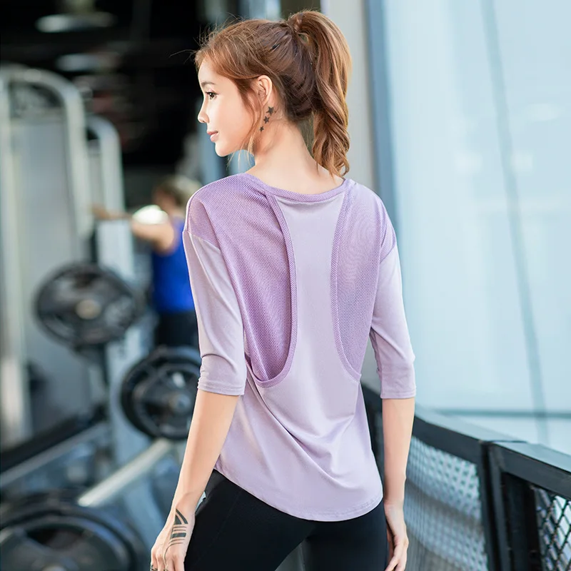 Фиолетовый белый сетчатый дышащий Топ для женщин с коротким рукавом Женский йоги