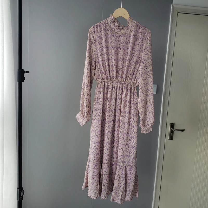 Платье миди женское с цветочным принтом милое корейское платье длинным рукавом и