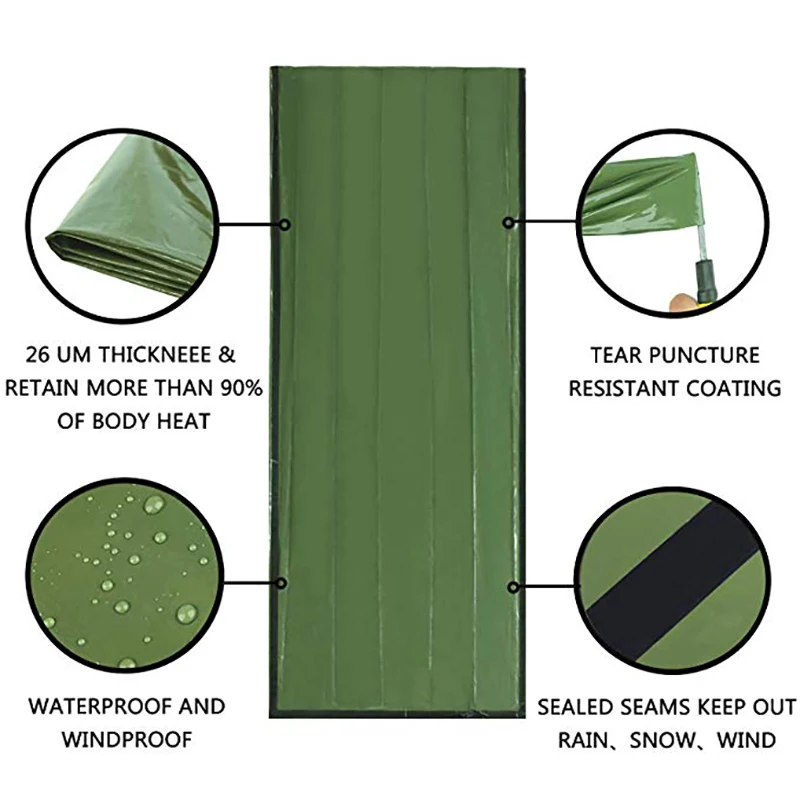 Зеленый наружный аварийный спальный мешок теплый водонепроницаемый для первой