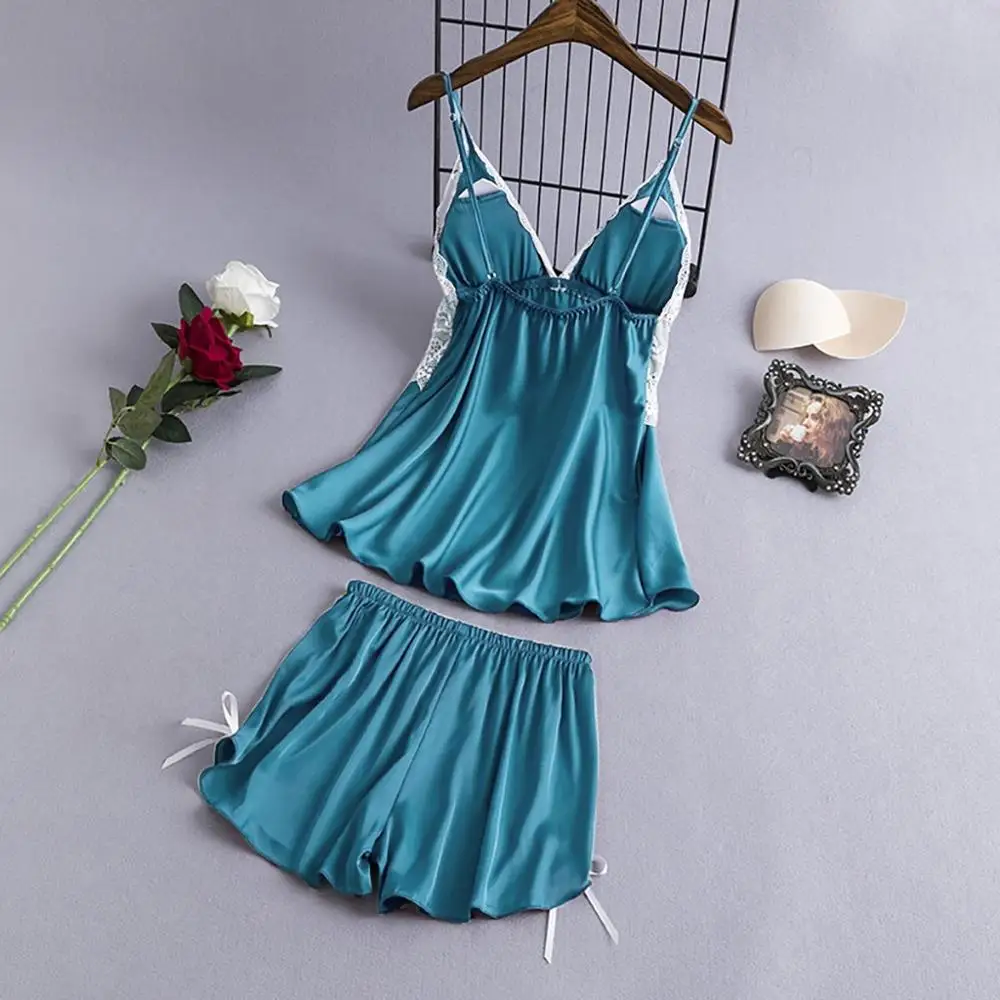 Пижама женская одежда для сна пижама атласная кружевная с v-образным вырезом