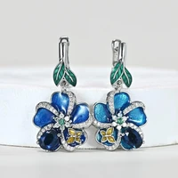 creative jewelry women elegant butterfly flower silver drops earrings deep blue enamel crystal wedding bridal dangle earrings
