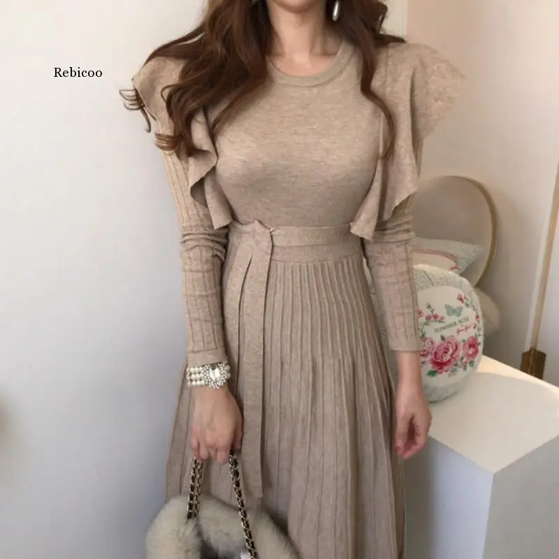 

Женское плиссированное платье-свитер, облегающее платье трапециевидной формы с оборками и длинным рукавом, зимняя одежда, Халат