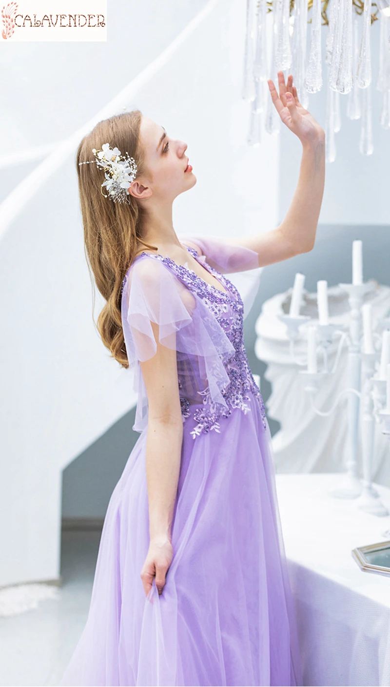 

Illusion Neckline Light Purple Prom Dresses A-Line Lace Appliques Beaded vestido fiesta largo Cheap vestido de noche