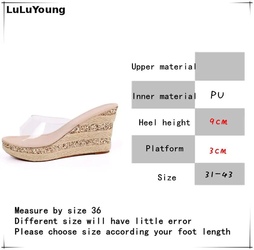 Сандалии женские на платформе и высоком каблуке прозрачные шлепанцы с блестками