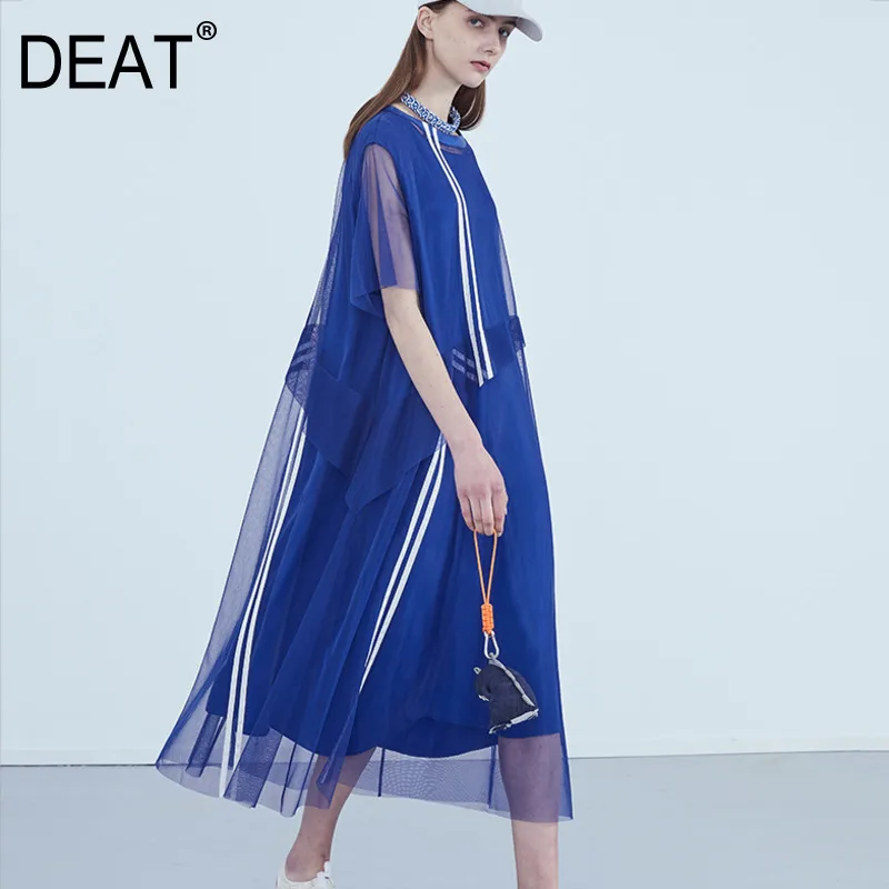 Женское Сетчатое платье DEAT синий пуловер с круглым вырезом и короткими рукавами