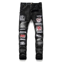 fashion streetwear jeans men black printing embroidery homme ripped heren biker stretch pants slim male casual denim trousers
