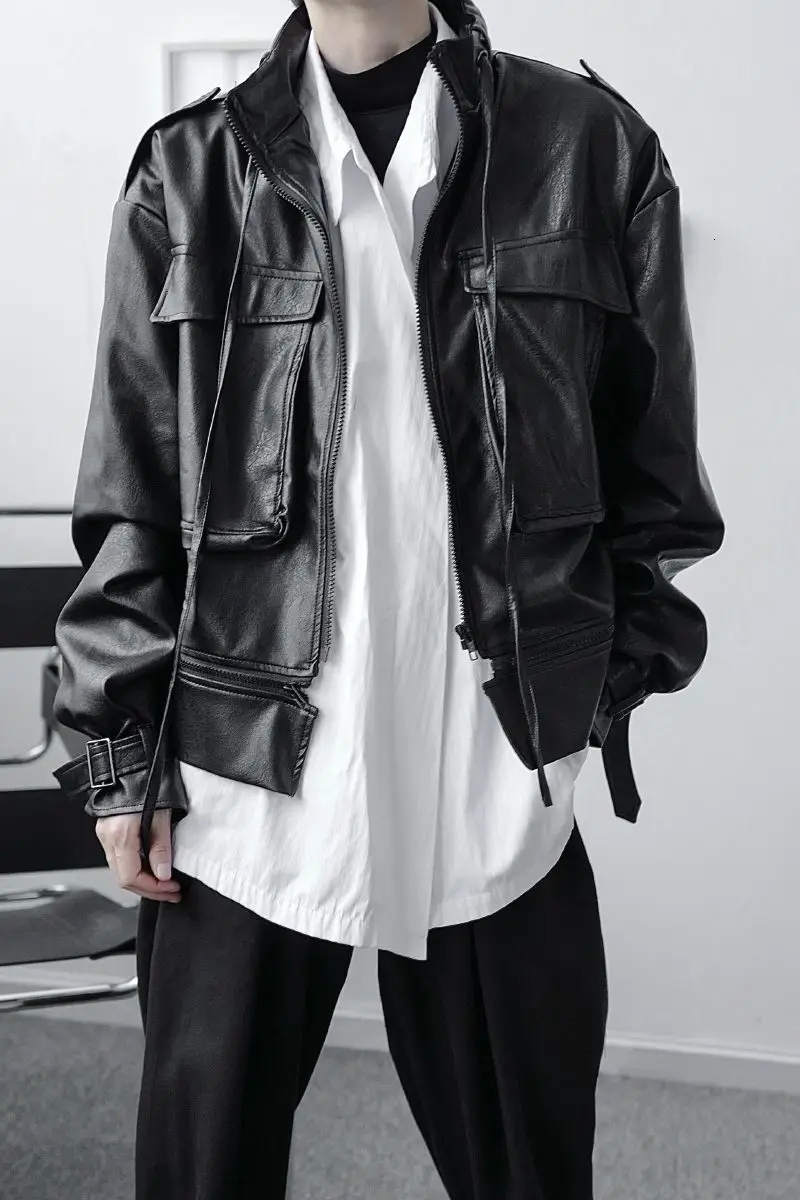 

IEFB 2021 spring Autumn Design Men's Black PU Leather Jackets Zipper Decorative Stand Collar Oversize Loose Causal Coat 9Y4628