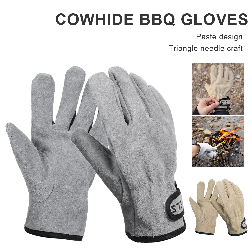

BBQ Gloves Cowhide Leather Gloves Heat Fire Resistant Mittens Outdoor Warm Gloves for Baking Forge BBQ Oven Fireplace