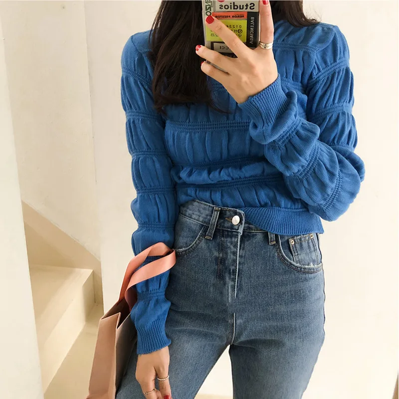 GALCAUR Vintage Ruched Knitted Sweater Female O Neck Long Sleeve Oversize Slim Pullover Womens Sweaters Clothes 2020 Fashion New | Женская