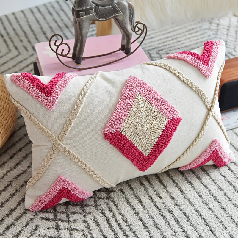 

Pink and Beige Tufted Cushion Covers Moroccan Style Pillowcase Diamond Geometric Pillows Cover Home Sofa Bed Chair Decorative