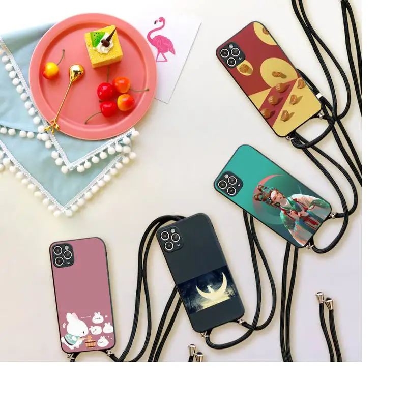 

Mid Autumn Phone Case For iPhone 7 8 11 12 X XS XR MINI Pro Max Plus Strap Cord Chain Lanyard soft moon cake rabbit goddess Art