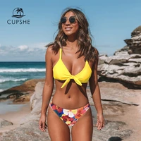 cupshe bow floral low waist bikini sets swimsuit for women sexy yellow tank two pieces swimwear 2021 summer beach bathing suits