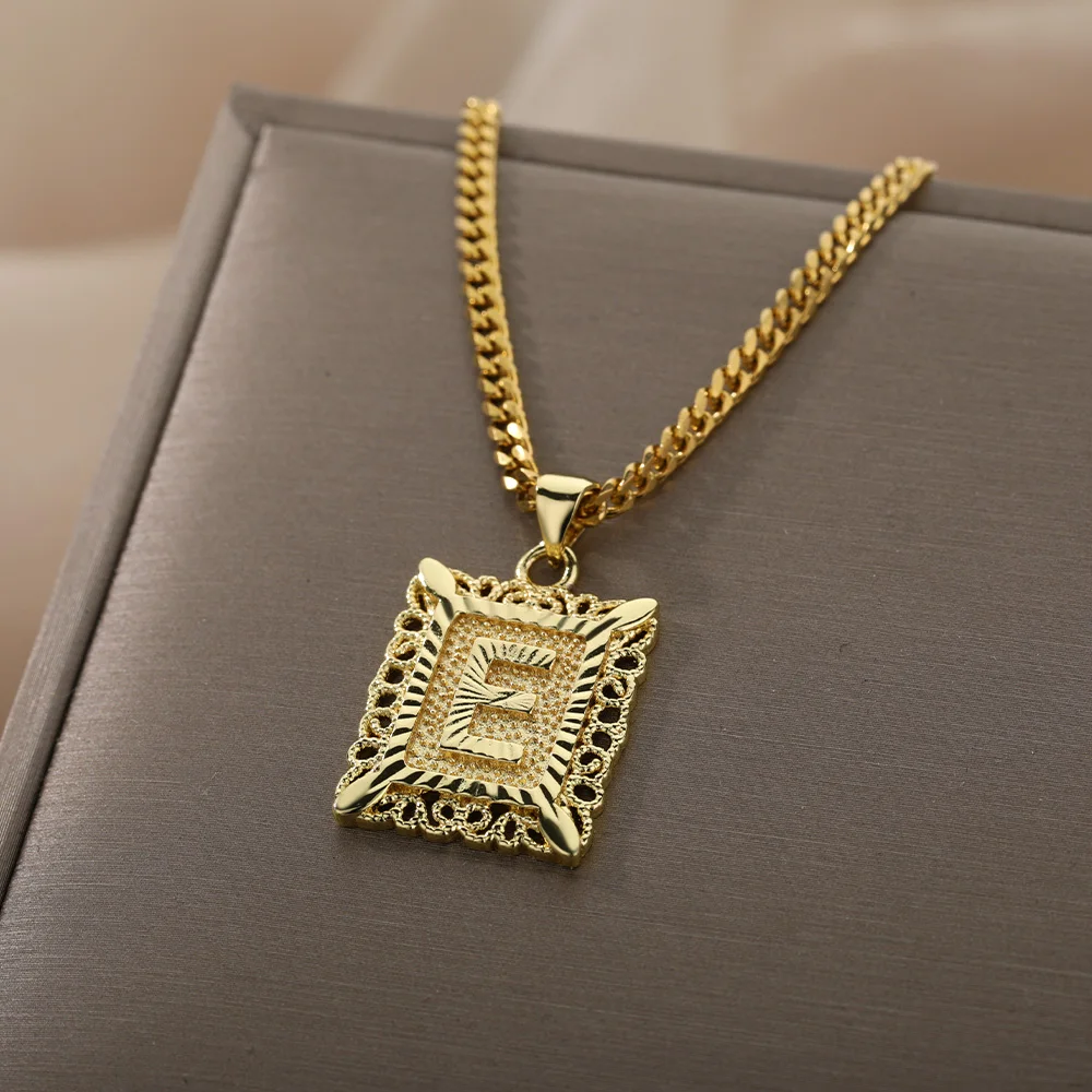 

Initial Letter Necklace For Women Stainless Steel Gold Chain Square 26 Letters Pendant Necklaces Cuban Link Choker Charm Jewelry