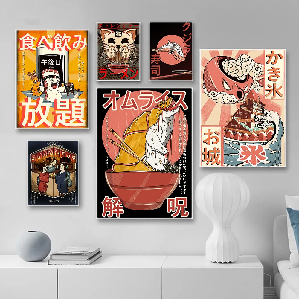

Japanese Foods Ramen Cats Posters Modern Kitchen Decoration Sushi Beer Cartoon Canvas Painting Retro Bar Wall Art Print Pictures