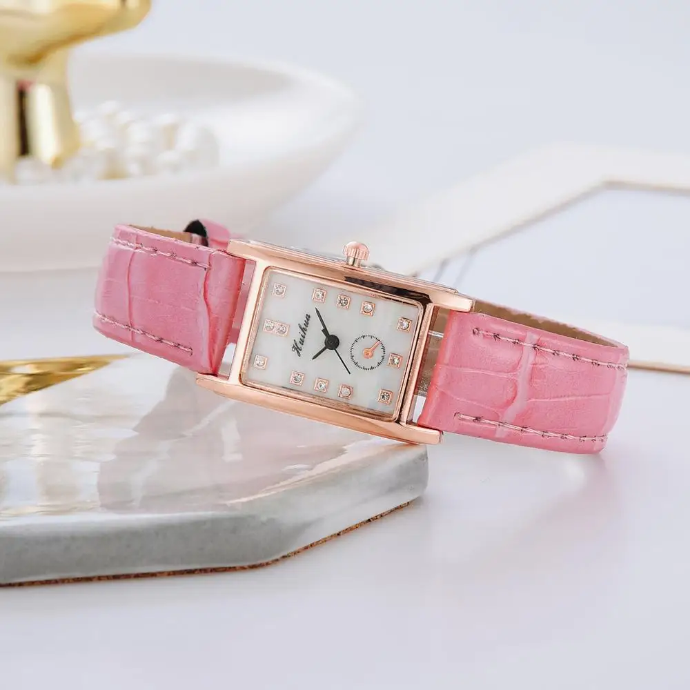 Часы женские кварцевые с квадратным циферблатом под розовое золото кожаным
