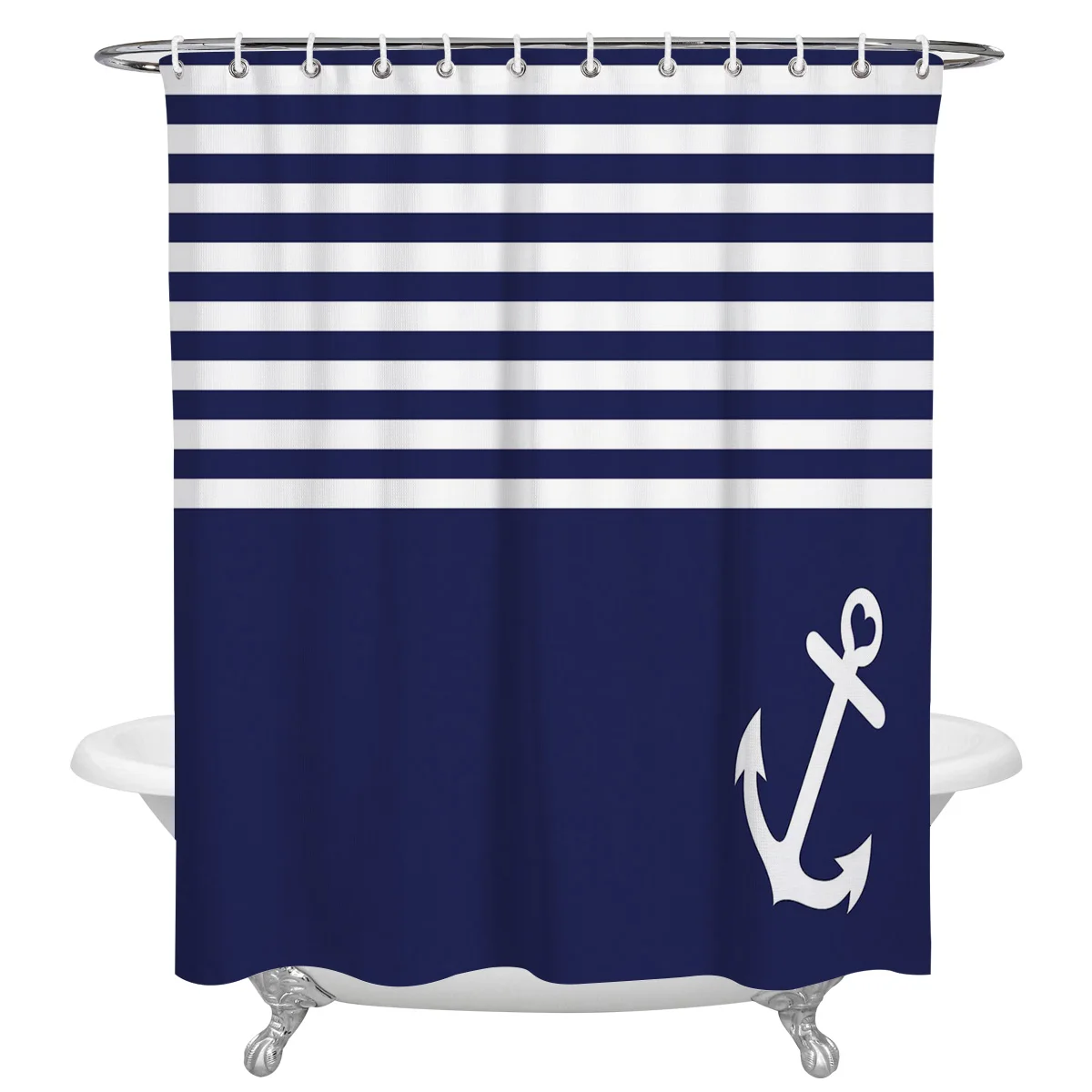 

Blue White Stripes Anchor Bathroom Shower Curtain Polyester Fabric Waterproof Shower Curtains with Hooks