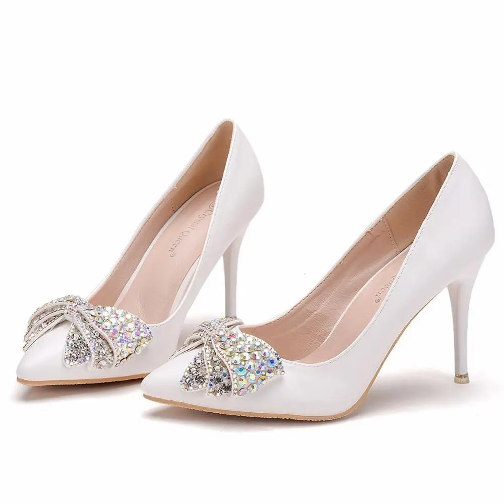 

Spring Autumn High Heels Shoes Women White Wedding Shoes Rhinestone Bowknot Thin High Heels Fashion Party Pumps Large Size 43