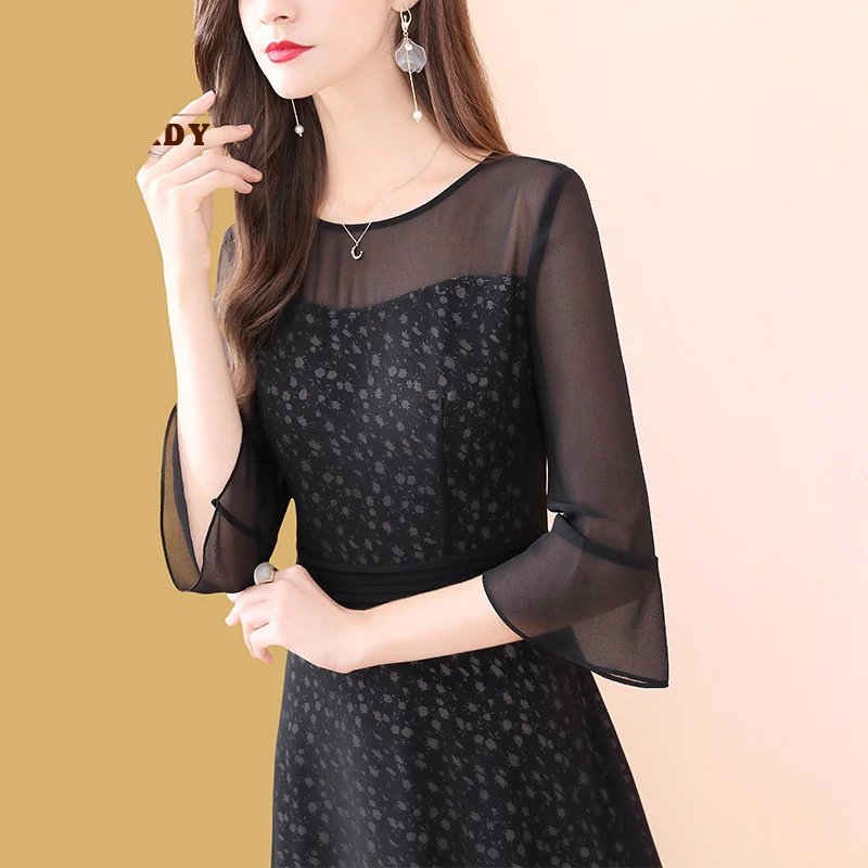 Женское Прозрачное платье-трапеция элегантное черное платье с рукавом до локтя