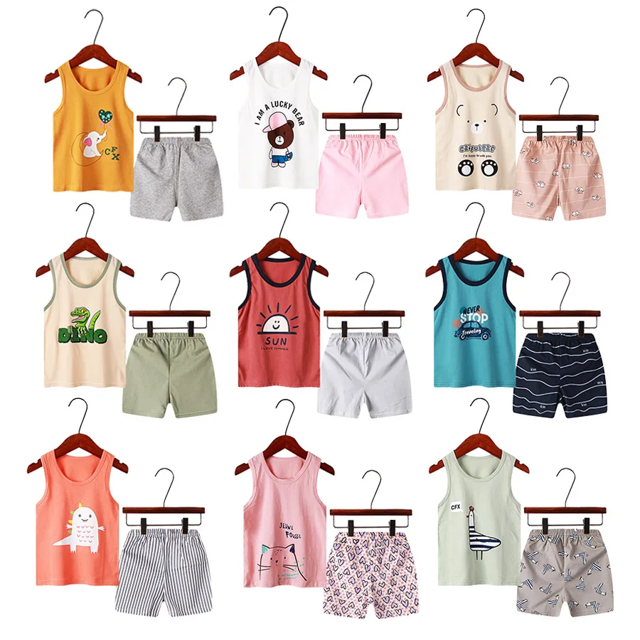 

1-10 Yrs Kids Boys Clothing Sets Summer Outfits Cartoon Print Sleeveless O-Neck Cute Tank Tops with Shorts Baby Girls Pajama Set