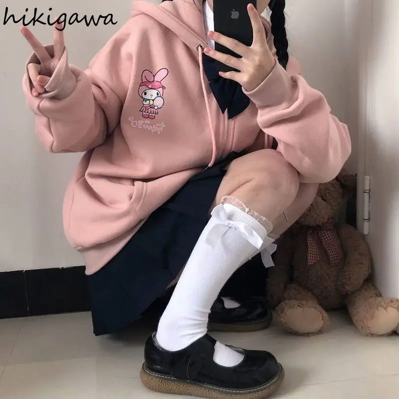 

Hikigawa Hoodies Preppy Cute Hoodie Cartoon Print Loose Thick Hooded Tops Japanese Oversized Jacket Student Sweatshirts Coats