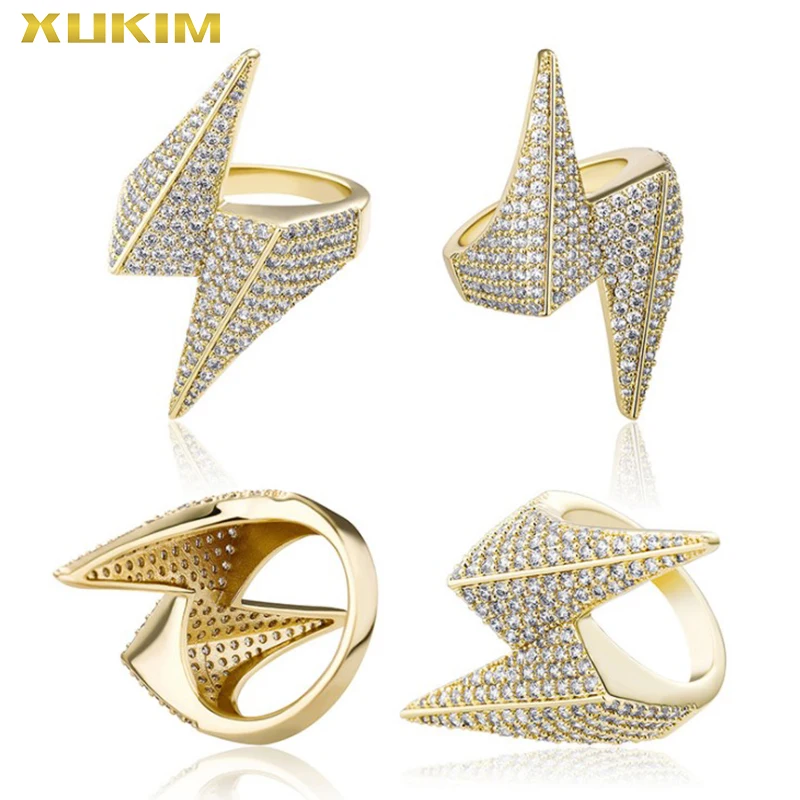 

Ювелирные изделия Xukim, модное Сверкающее мужское кольцо, золотое, серебряное кольцо с молнией, кольцо с полным кубическим цирконием класса А...