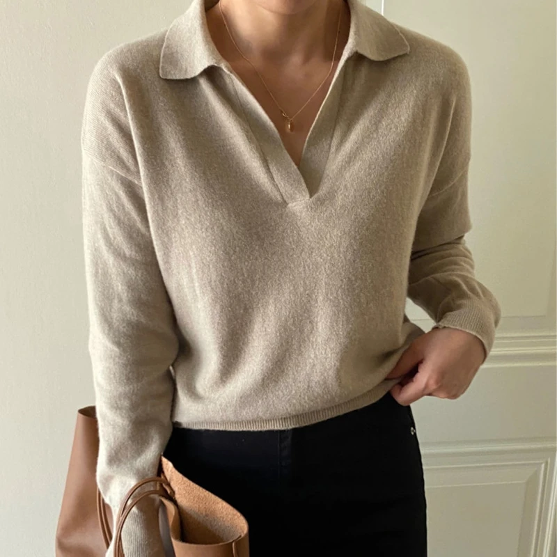 

Женский Однотонный свитер с лацканами 민민민민, Новинка 2021, модные повседневные пуловеры, верхняя одежда на осень и зиму, женские топы