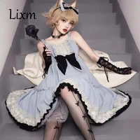 blue japanese lolita jsk cake dress lace cool victorian sweet lolita daily dark style sling dresses