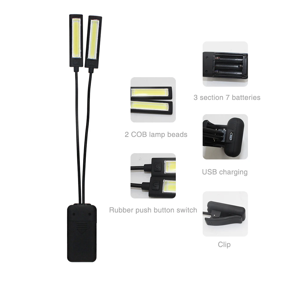 USB 2 Led COB Light Build-in Battery Book Reading Lamp Flexible Dual Arms Clip On Torch Flashlight + Cable | Лампы и освещение