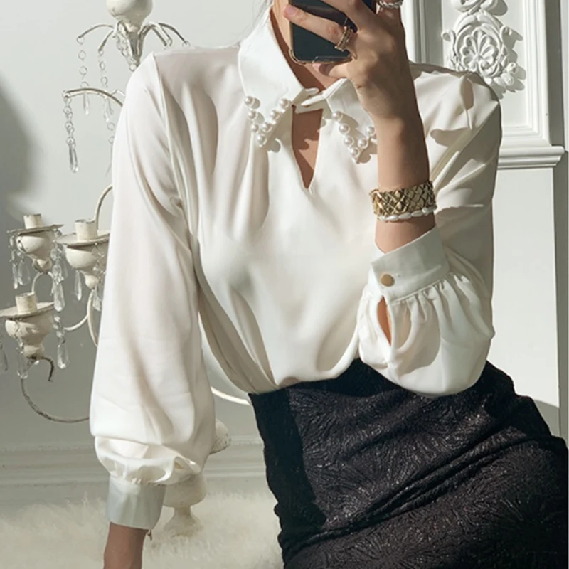 

Женская ажурная рубашка на пуговицах, Элегантная Шелковая Рубашка с перламутровыми пуговицами, Офисная верхняя одежда, весна 2021