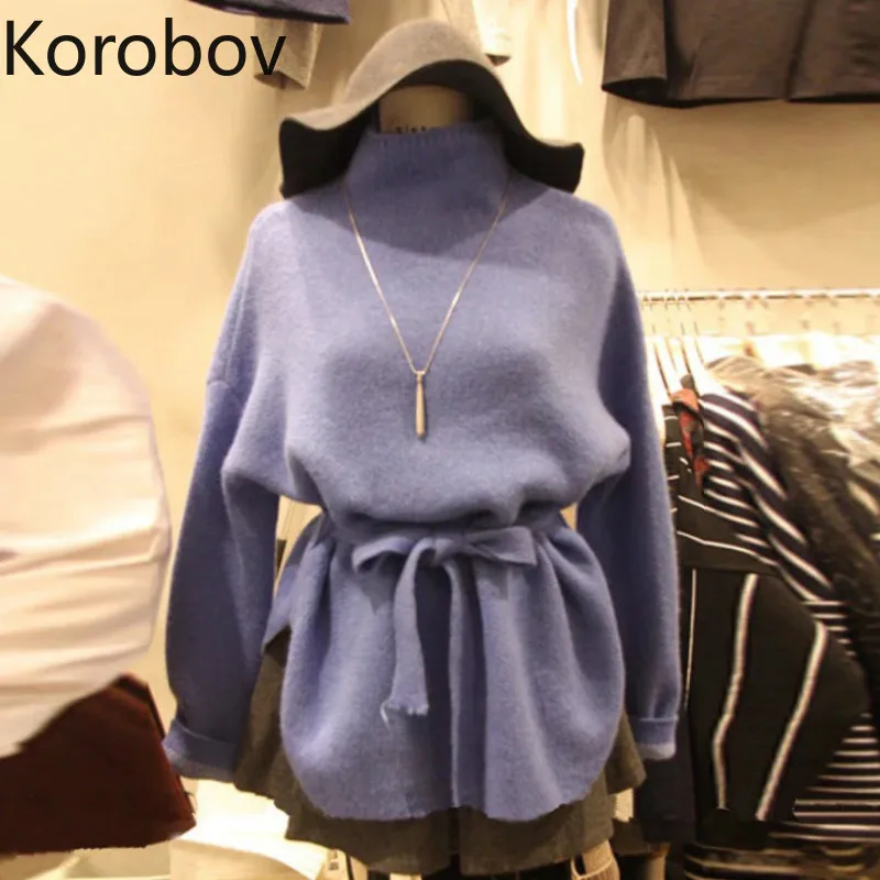 Korobov/осенне-зимний женский Однотонный свитер в Корейском стиле с воротником-хомутом, разрезом, поясом, шнуровкой и бантом, Sueter Mujer, шикарный вязаный пуловер 78842