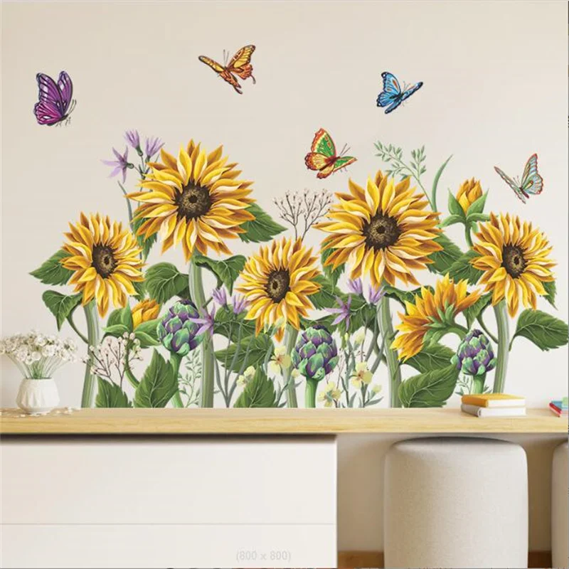 

Removable Painted Sunflower Flowers Butterfly Wall Stickers For Children's Room Kindergarten Home Wardrobe Wall Decoration
